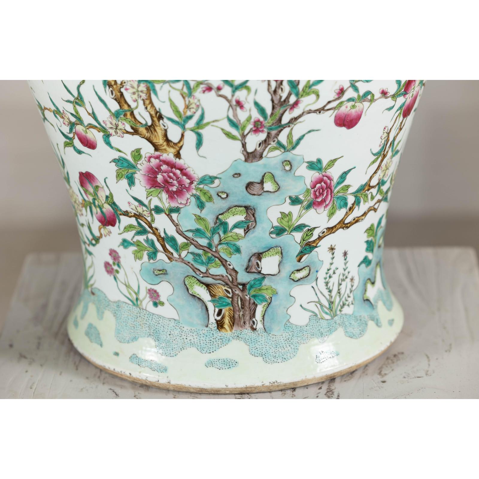 Near Pair of Famille Rose Ginger Jars with Peaches, Roses and Bats