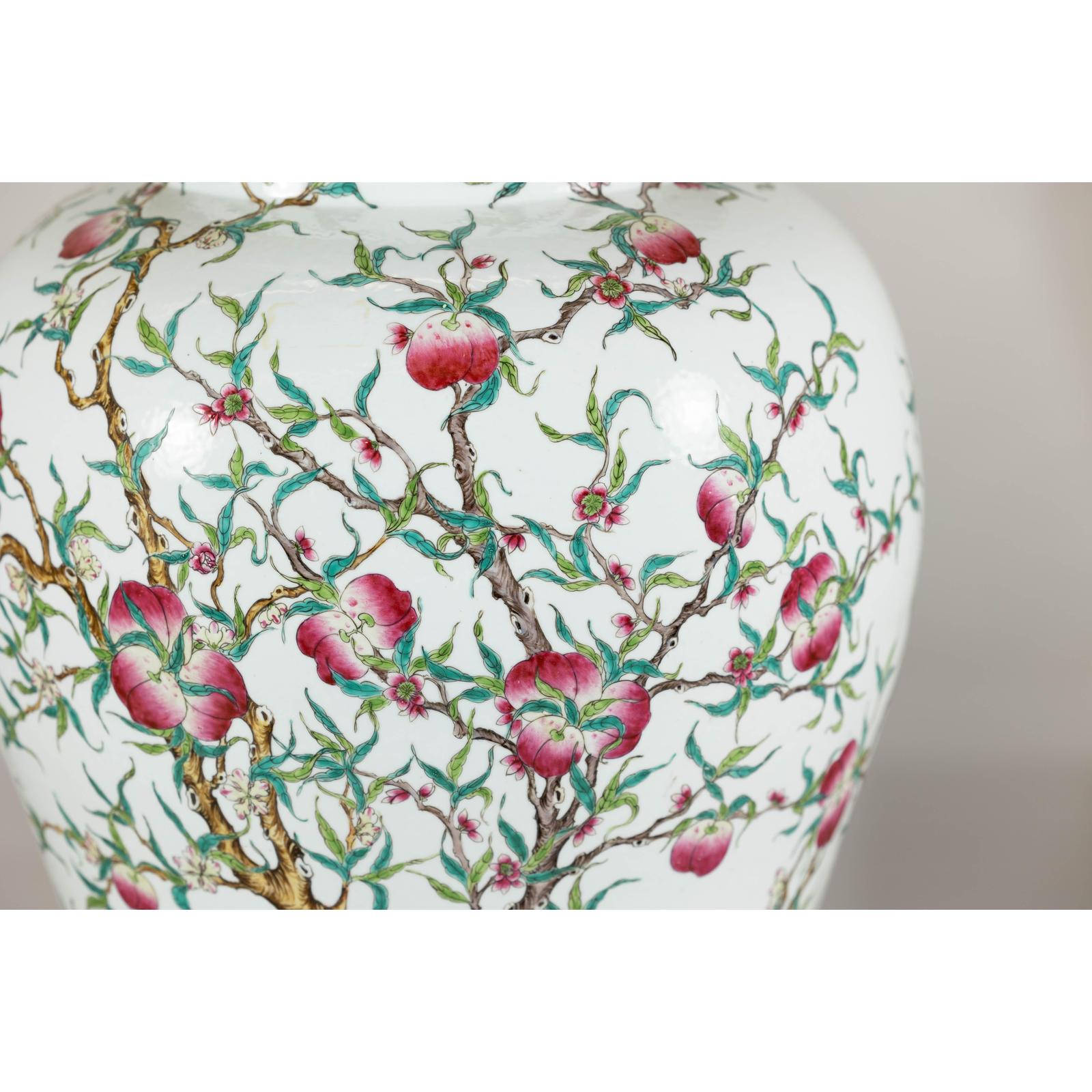 Near Pair of Famille Rose Ginger Jars with Peaches, Roses and Bats