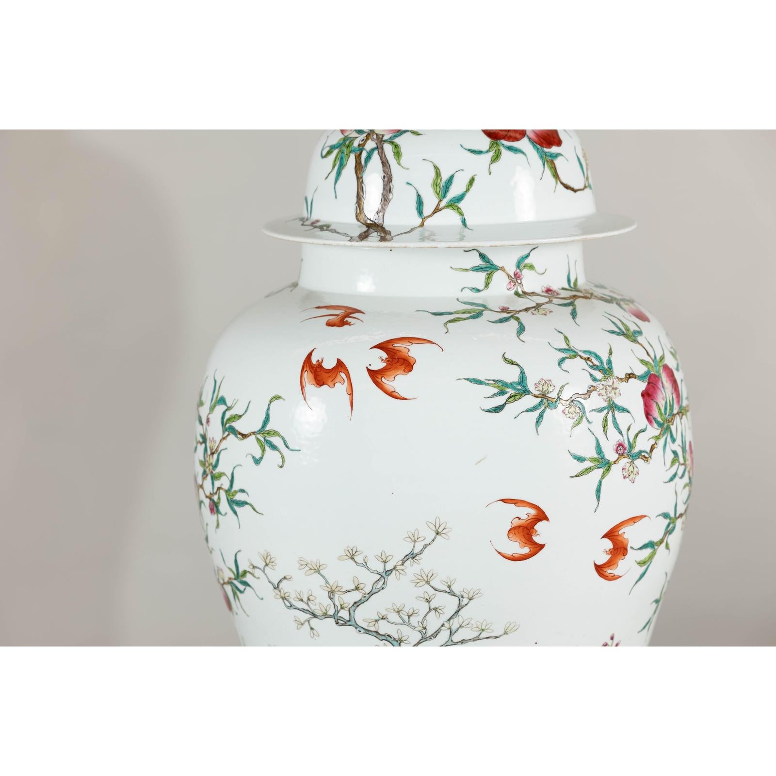 Near Pair of Famille Rose Ginger Jars with Peaches, Roses and Bats