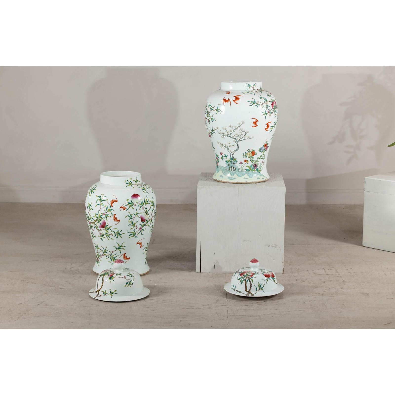 Near Pair of Famille Rose Ginger Jars with Peaches, Roses and Bats