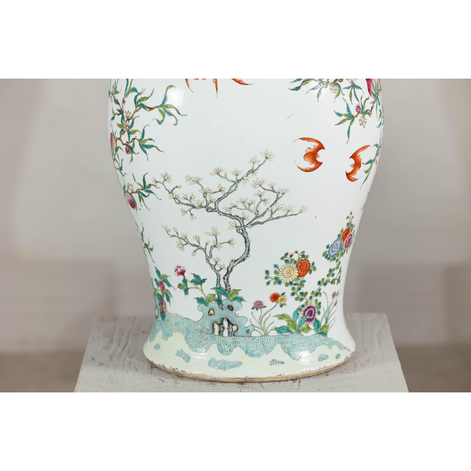 Near Pair of Famille Rose Ginger Jars with Peaches, Roses and Bats