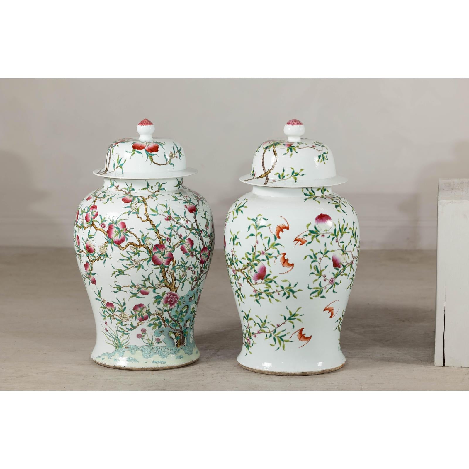 Near Pair of Famille Rose Ginger Jars with Peaches, Roses and Bats
