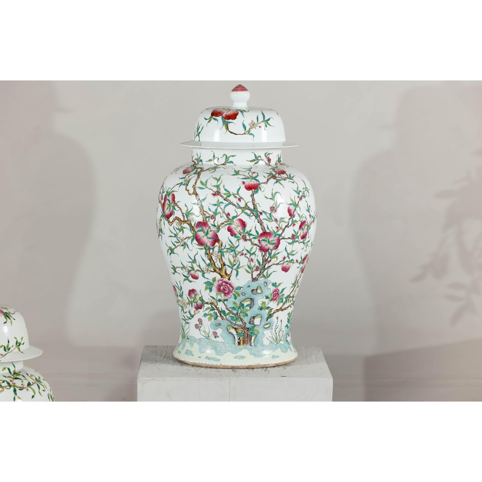 Near Pair of Famille Rose Ginger Jars with Peaches, Roses and Bats