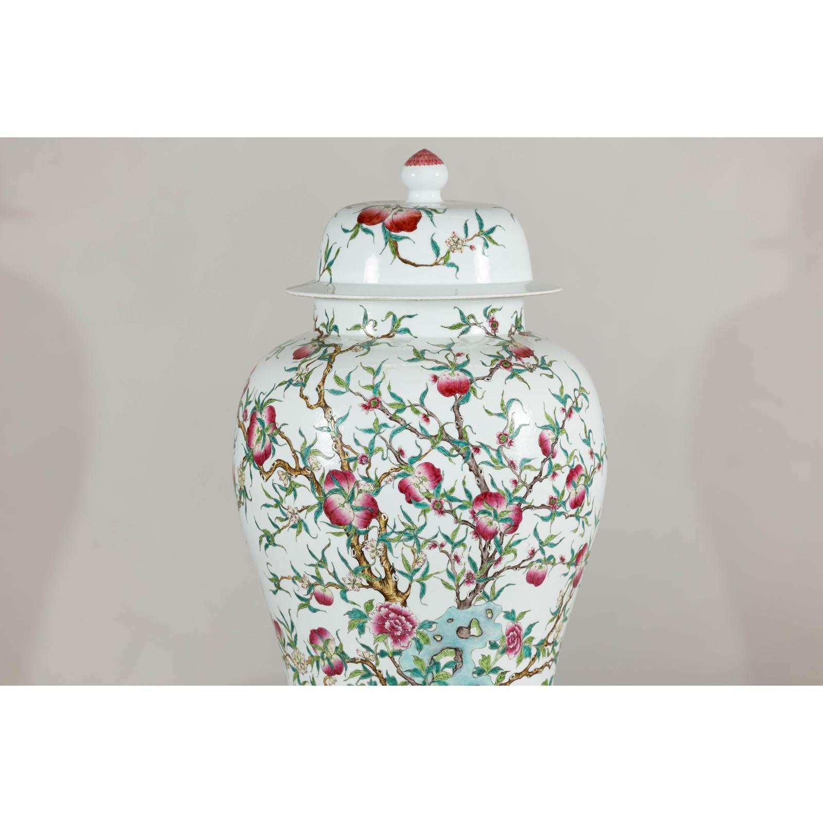 Near Pair of Famille Rose Ginger Jars with Peaches, Roses and Bats
