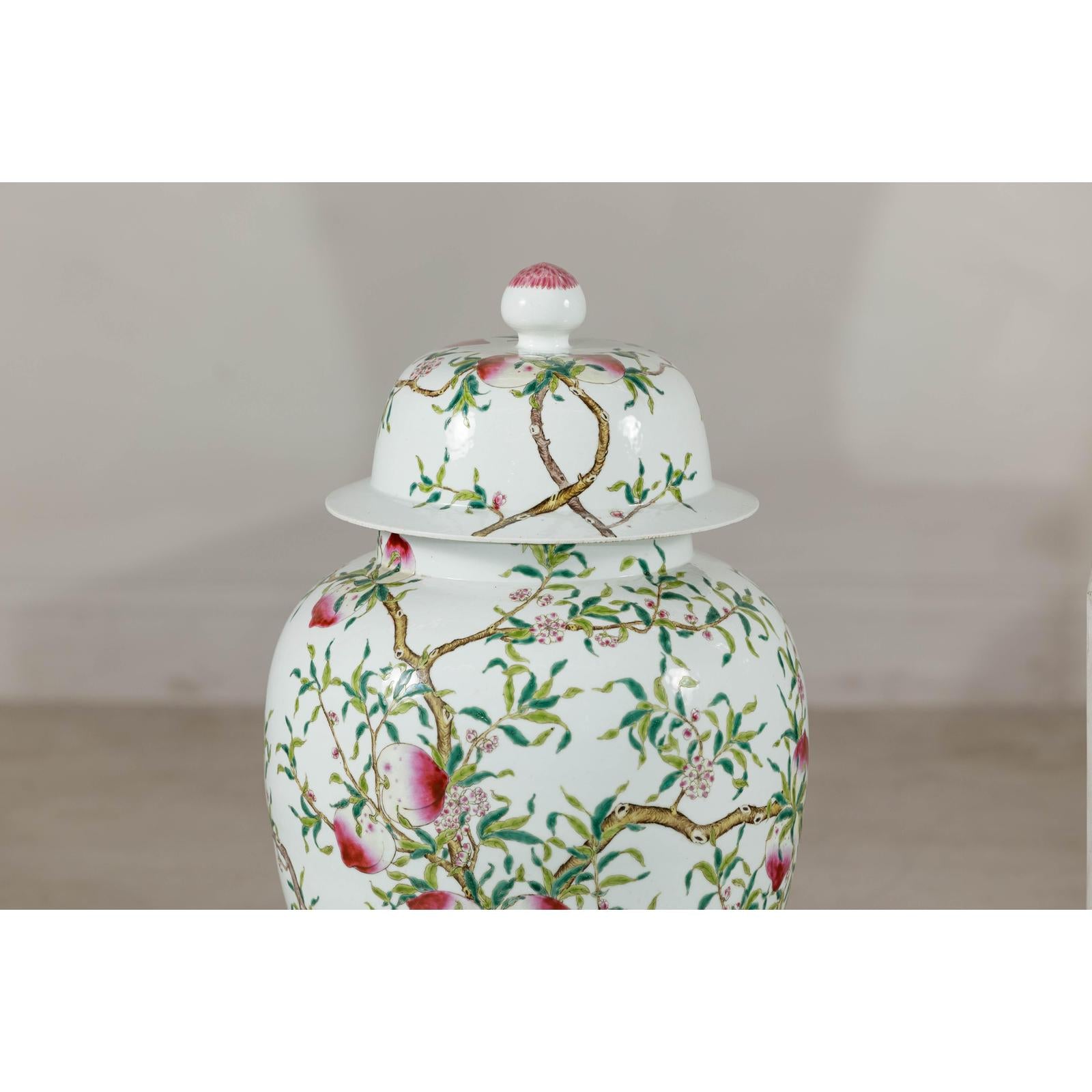 Near Pair of Famille Rose Ginger Jars with Peaches, Roses and Bats