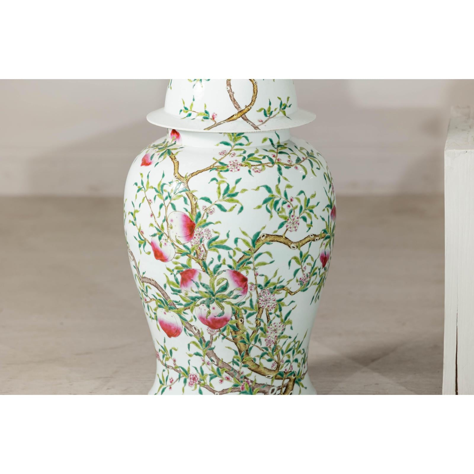 Near Pair of Famille Rose Ginger Jars with Peaches, Roses and Bats