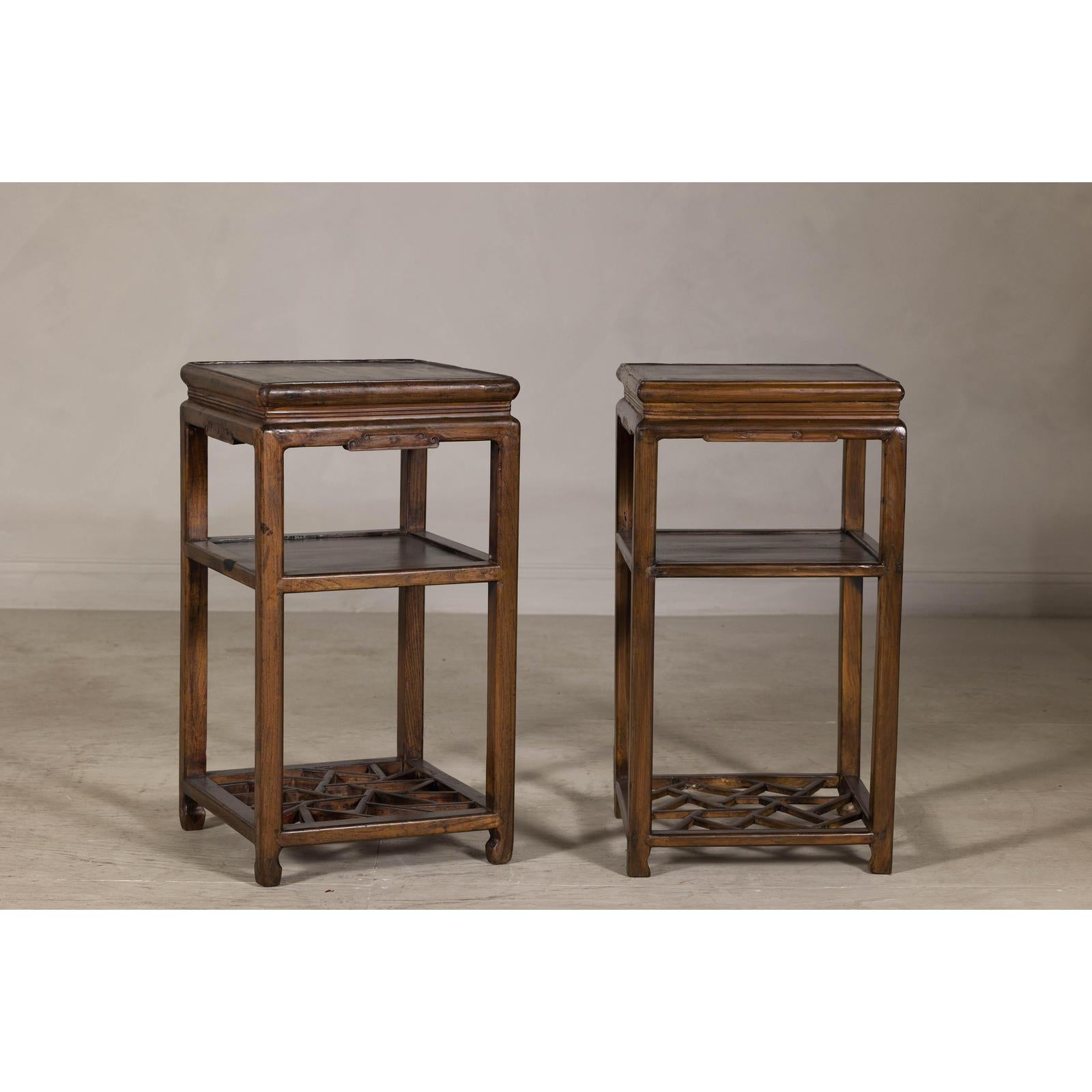 Near Pair of Hardwood End Tables with Fretwork Geometric Base, Vintage