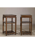 Near Pair of Hardwood End Tables with Fretwork Geometric Base, Vintage