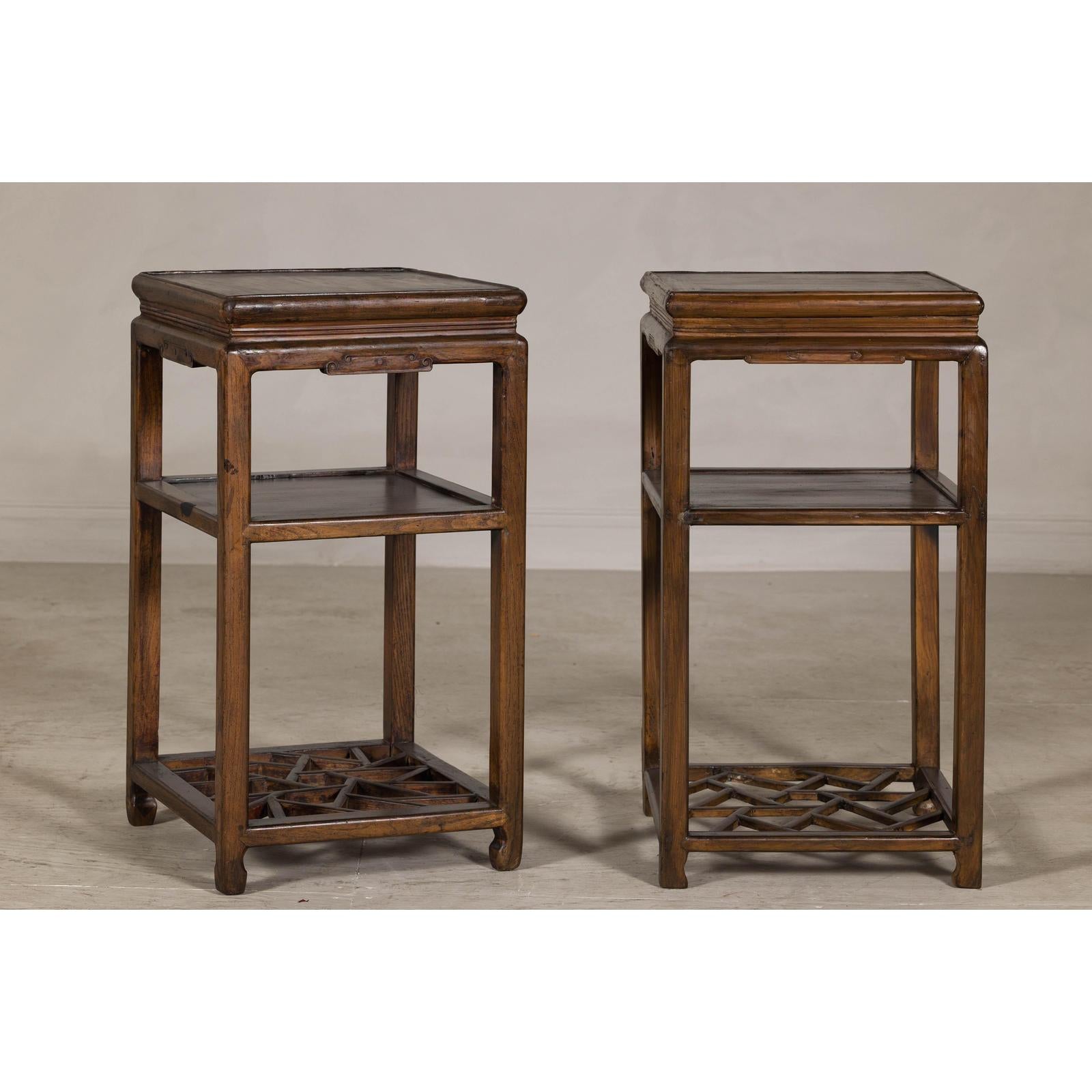 Near Pair of Hardwood End Tables with Fretwork Geometric Base, Vintage