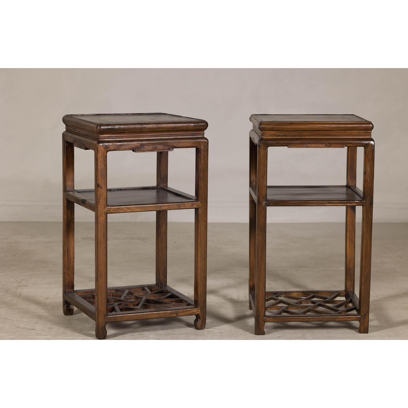 Near Pair of Hardwood End Tables with Fretwork Geometric Base, Vintage