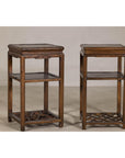 Near Pair of Hardwood End Tables with Fretwork Geometric Base, Vintage
