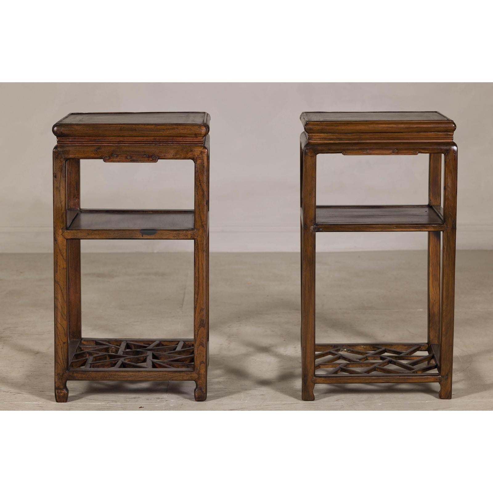 Near Pair of Hardwood End Tables with Fretwork Geometric Base, Vintage