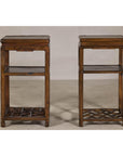 Near Pair of Hardwood End Tables with Fretwork Geometric Base, Vintage