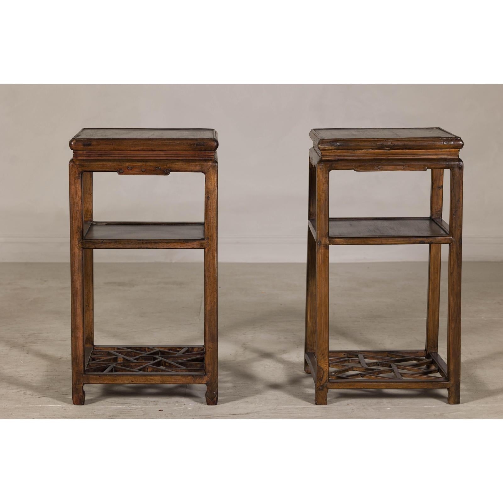 Near Pair of Hardwood End Tables with Fretwork Geometric Base, Vintage