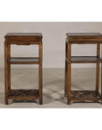 Near Pair of Hardwood End Tables with Fretwork Geometric Base, Vintage