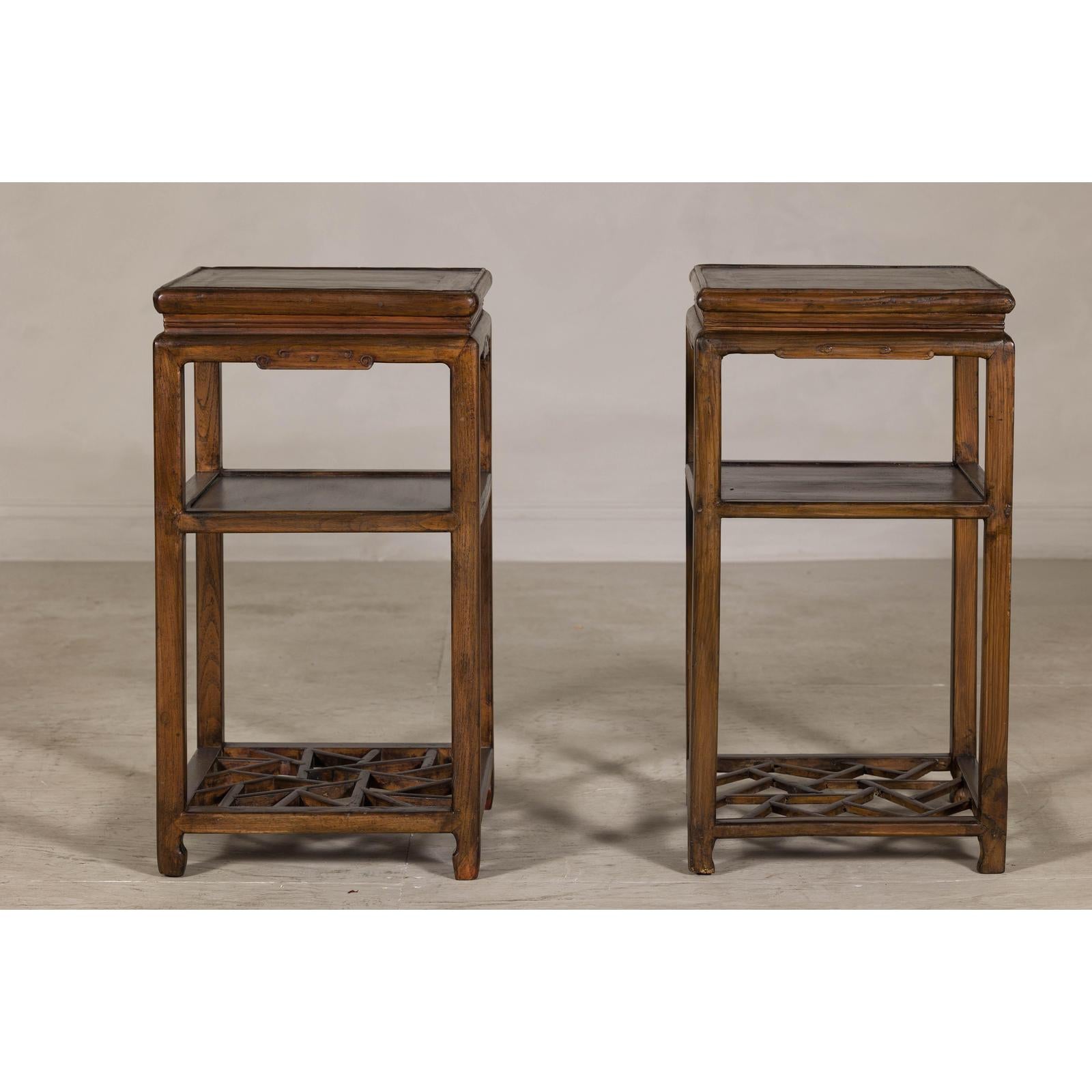 Near Pair of Hardwood End Tables with Fretwork Geometric Base, Vintage