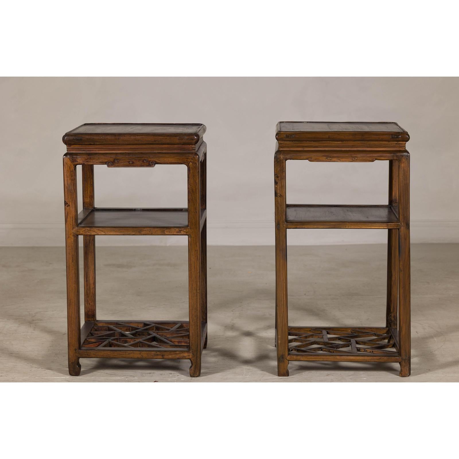 Near Pair of Hardwood End Tables with Fretwork Geometric Base, Vintage