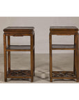 Near Pair of Hardwood End Tables with Fretwork Geometric Base, Vintage