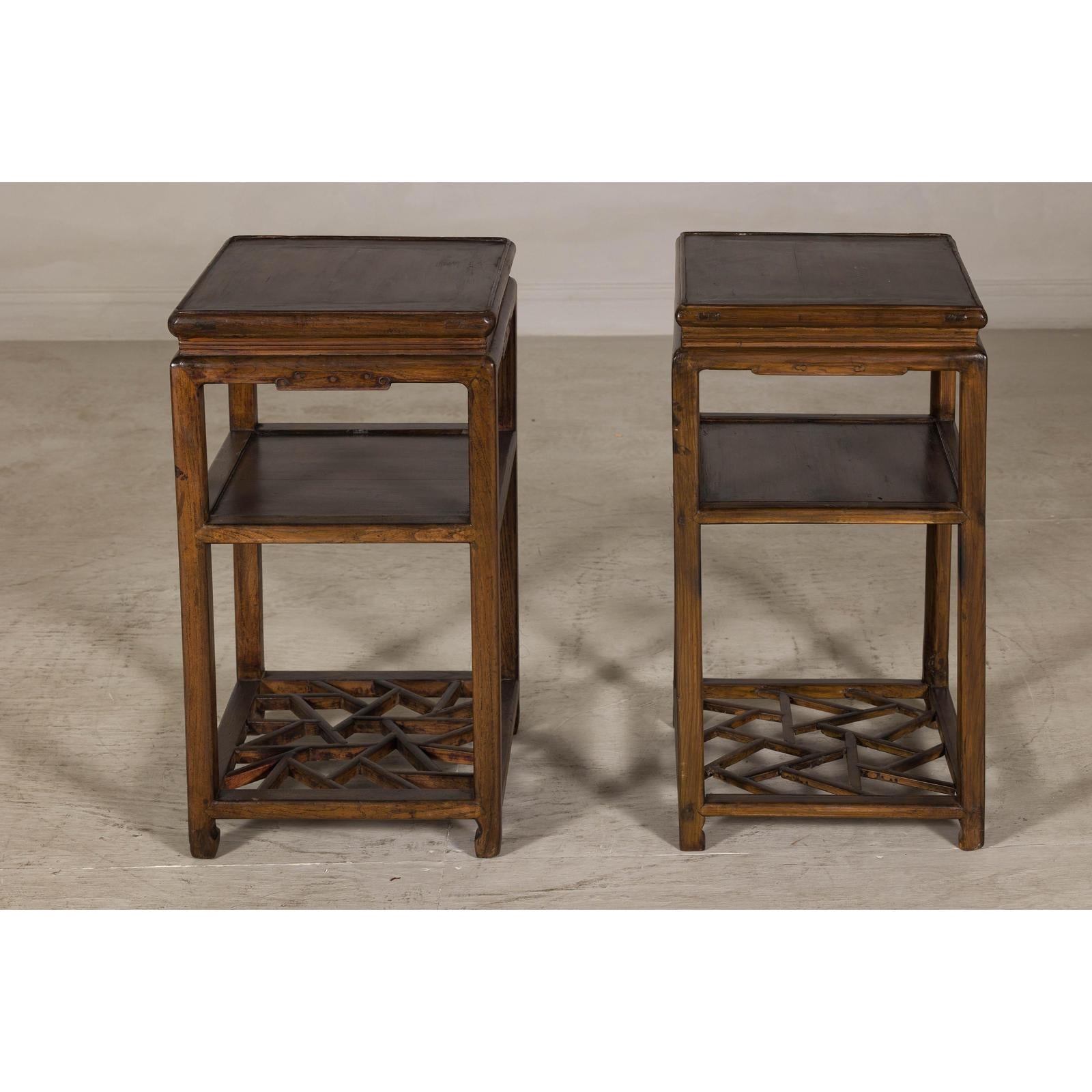 Near Pair of Hardwood End Tables with Fretwork Geometric Base, Vintage