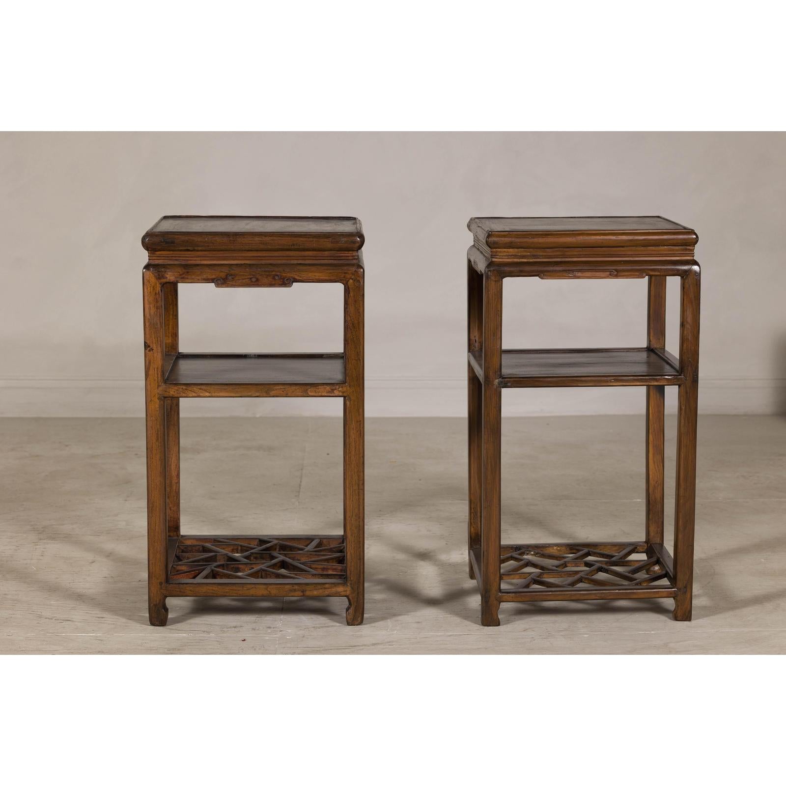 Near Pair of Hardwood End Tables with Fretwork Geometric Base, Vintage