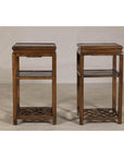 Near Pair of Hardwood End Tables with Fretwork Geometric Base, Vintage