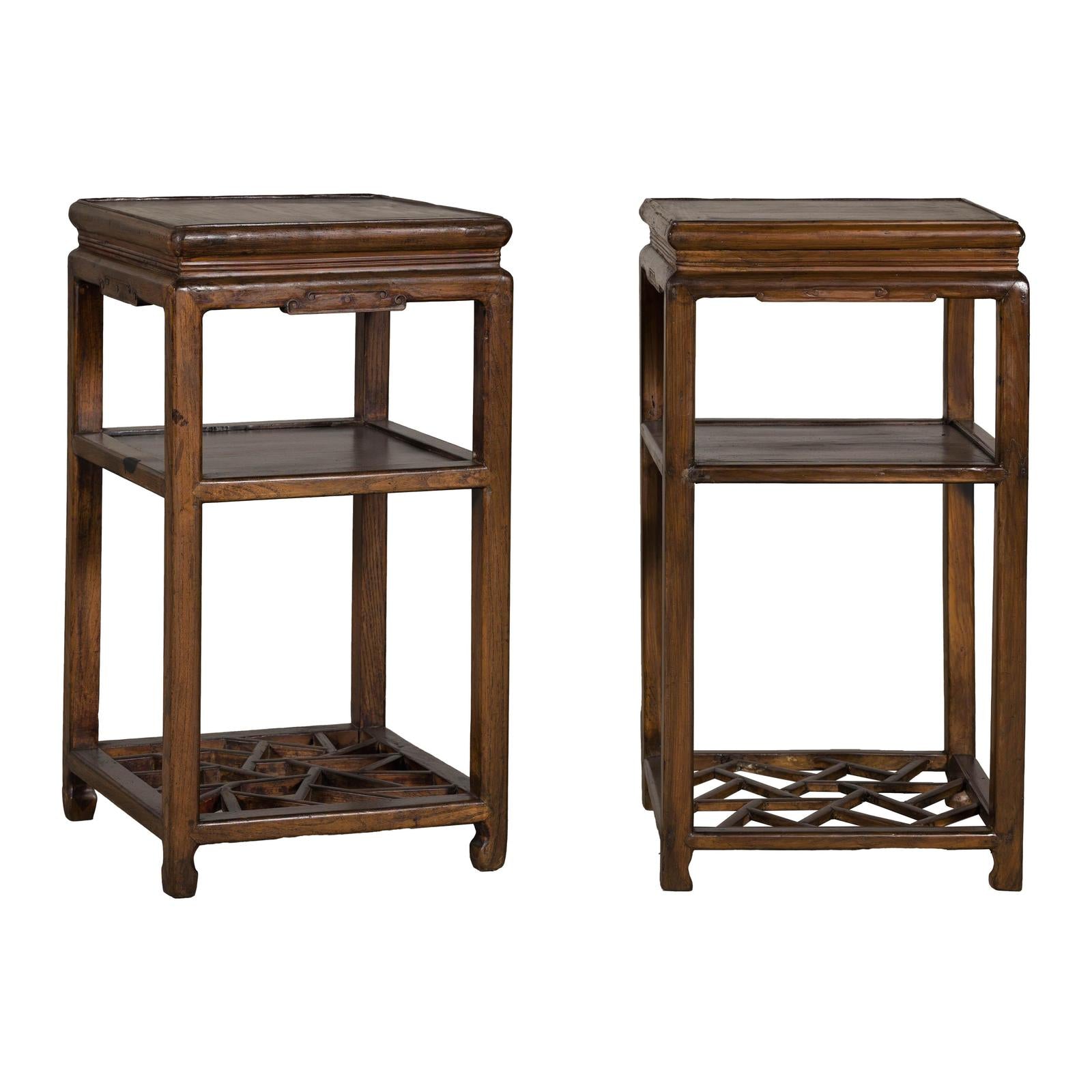 Near Pair of Hardwood End Tables with Fretwork Geometric Base, Vintage