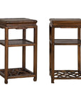 Near Pair of Hardwood End Tables with Fretwork Geometric Base, Vintage
