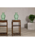 Near Pair of Hardwood End Tables with Fretwork Geometric Base, Vintage