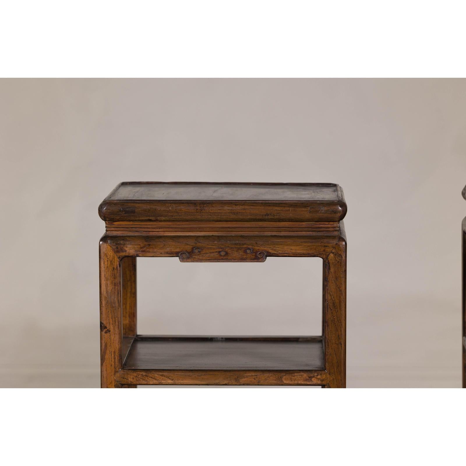 Near Pair of Hardwood End Tables with Fretwork Geometric Base, Vintage