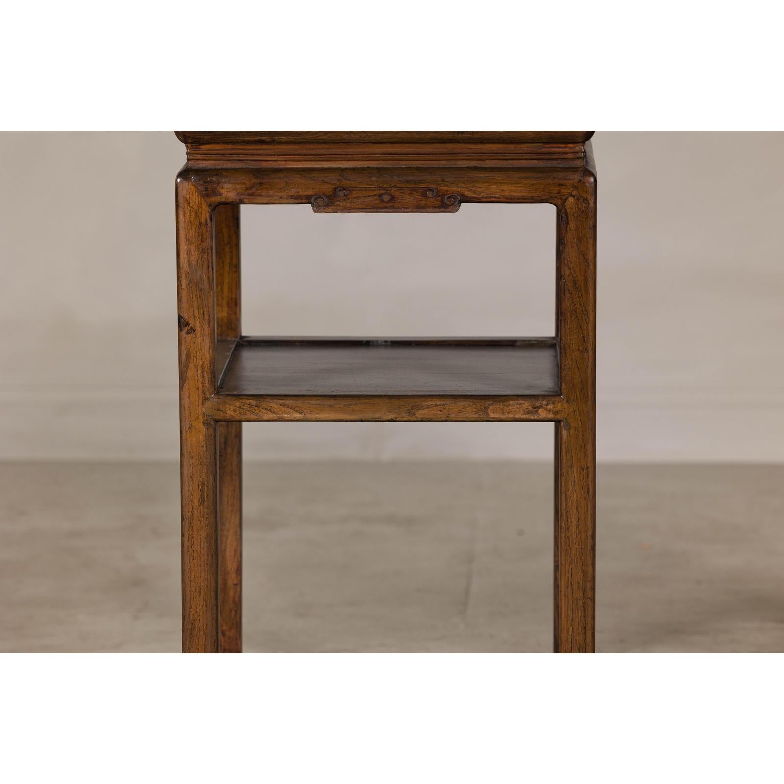 Near Pair of Hardwood End Tables with Fretwork Geometric Base, Vintage