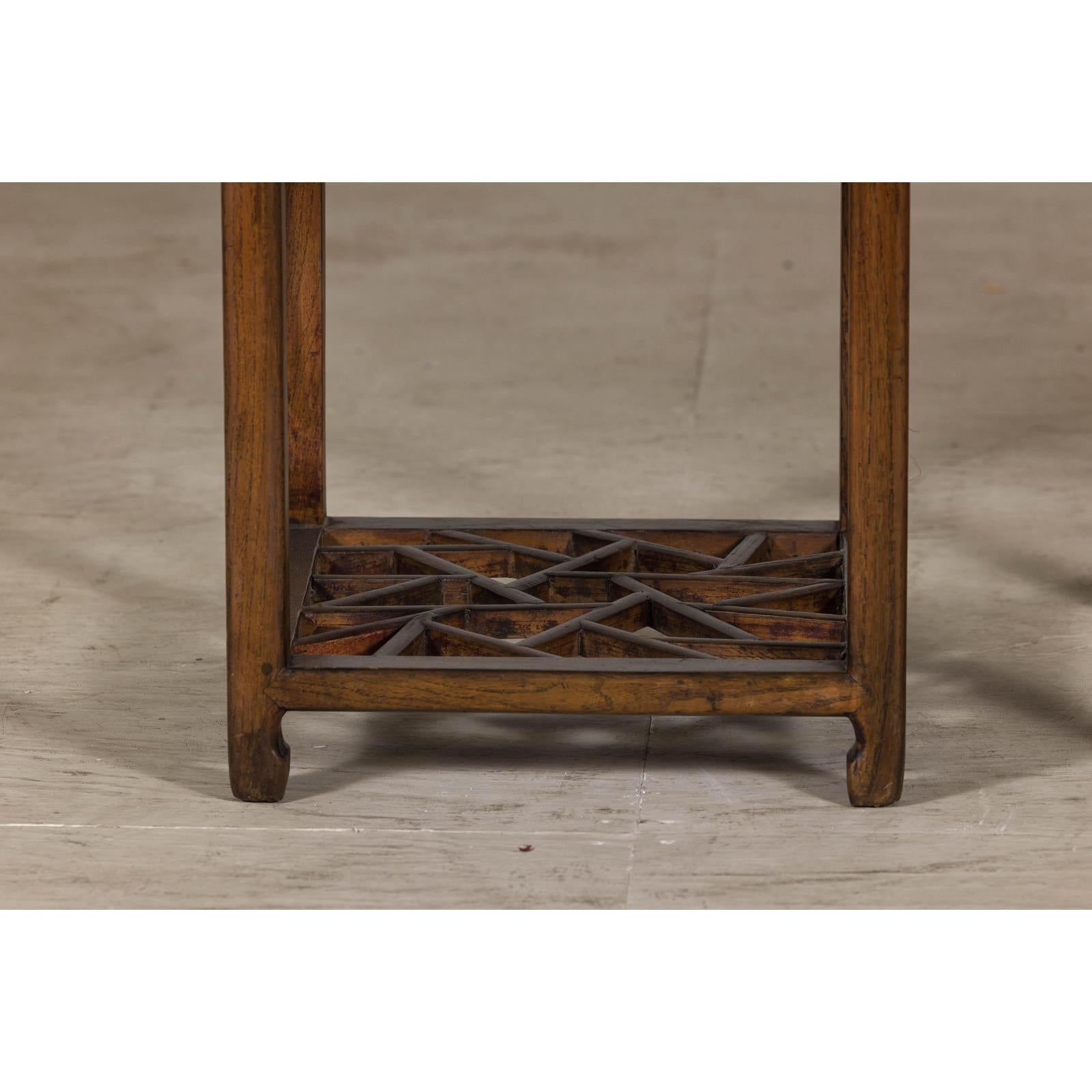 Near Pair of Hardwood End Tables with Fretwork Geometric Base, Vintage