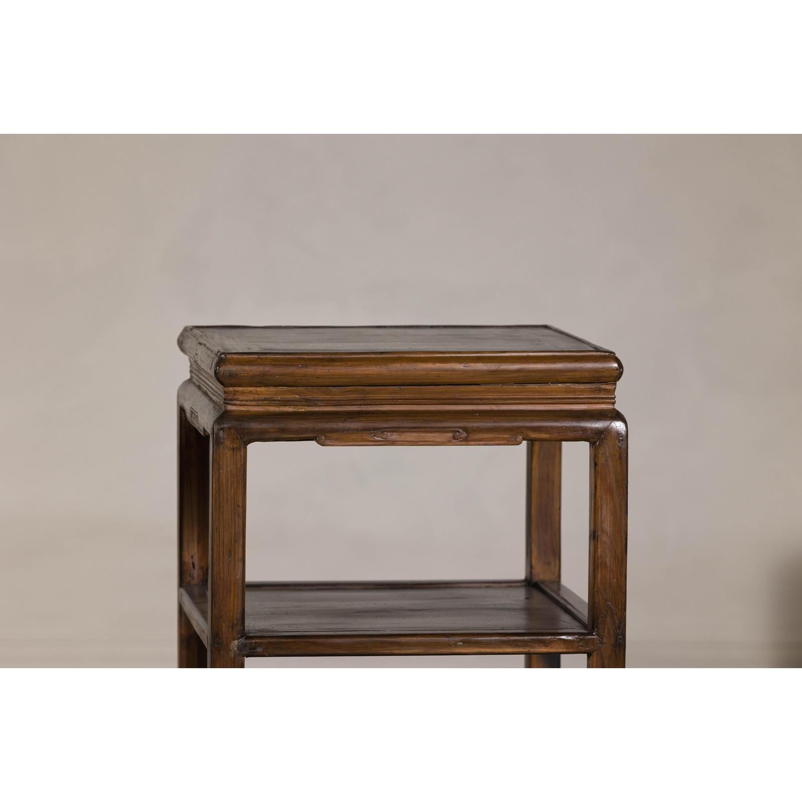 Near Pair of Hardwood End Tables with Fretwork Geometric Base, Vintage