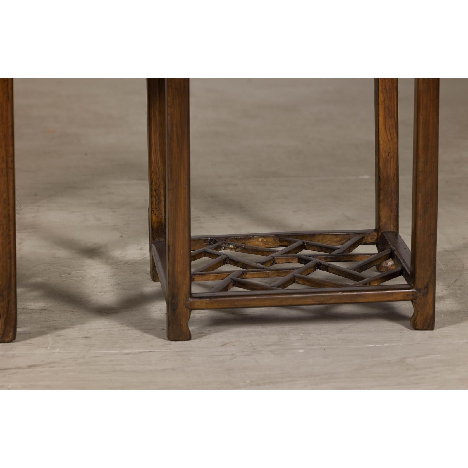Near Pair of Hardwood End Tables with Fretwork Geometric Base, Vintage