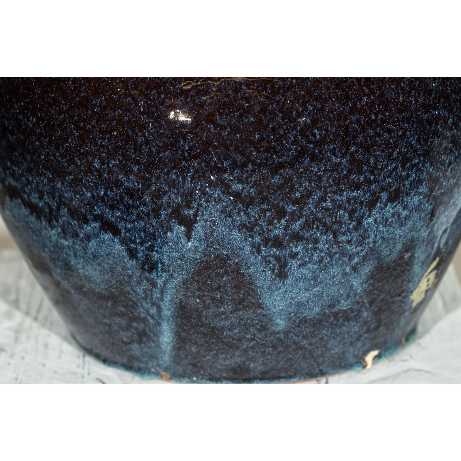 Near Pair of Vintage Blue and Aqua Glazed Ceramic Planters
