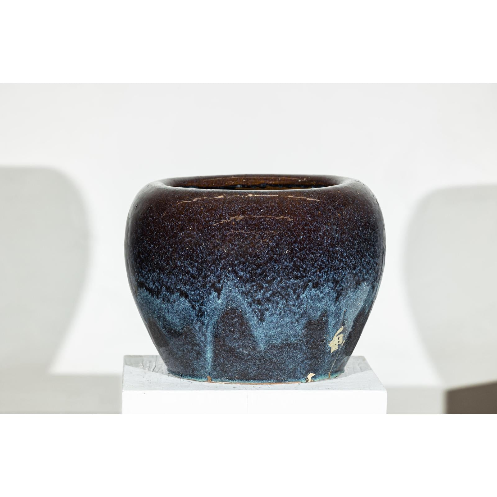 Near Pair of Vintage Blue and Aqua Glazed Ceramic Planters