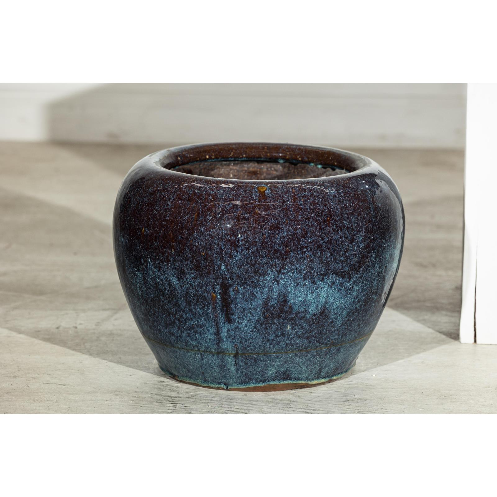 Near Pair of Vintage Blue and Aqua Glazed Ceramic Planters