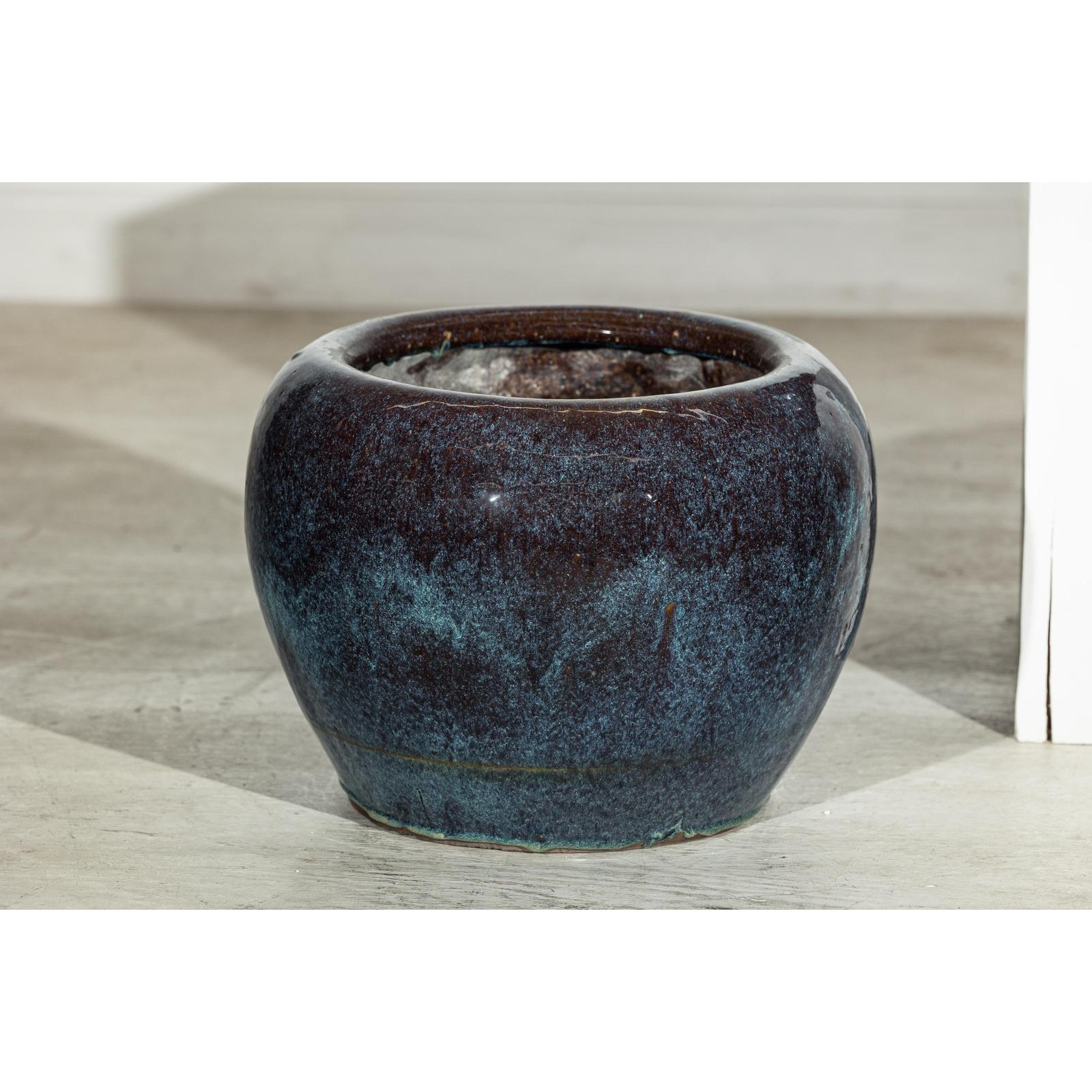 Near Pair of Vintage Blue and Aqua Glazed Ceramic Planters