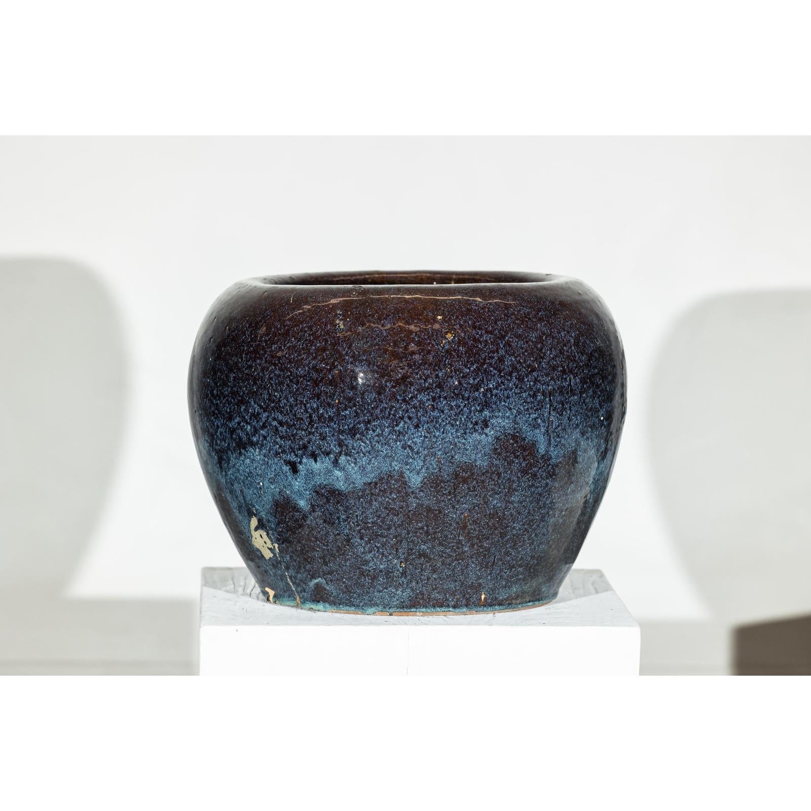 Near Pair of Vintage Blue and Aqua Glazed Ceramic Planters
