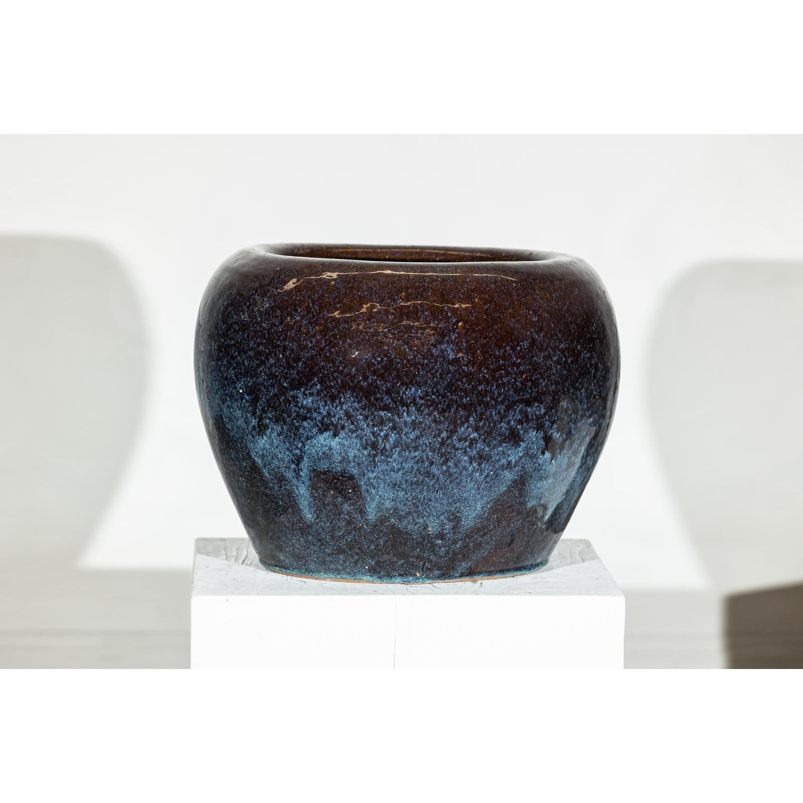 Near Pair of Vintage Blue and Aqua Glazed Ceramic Planters