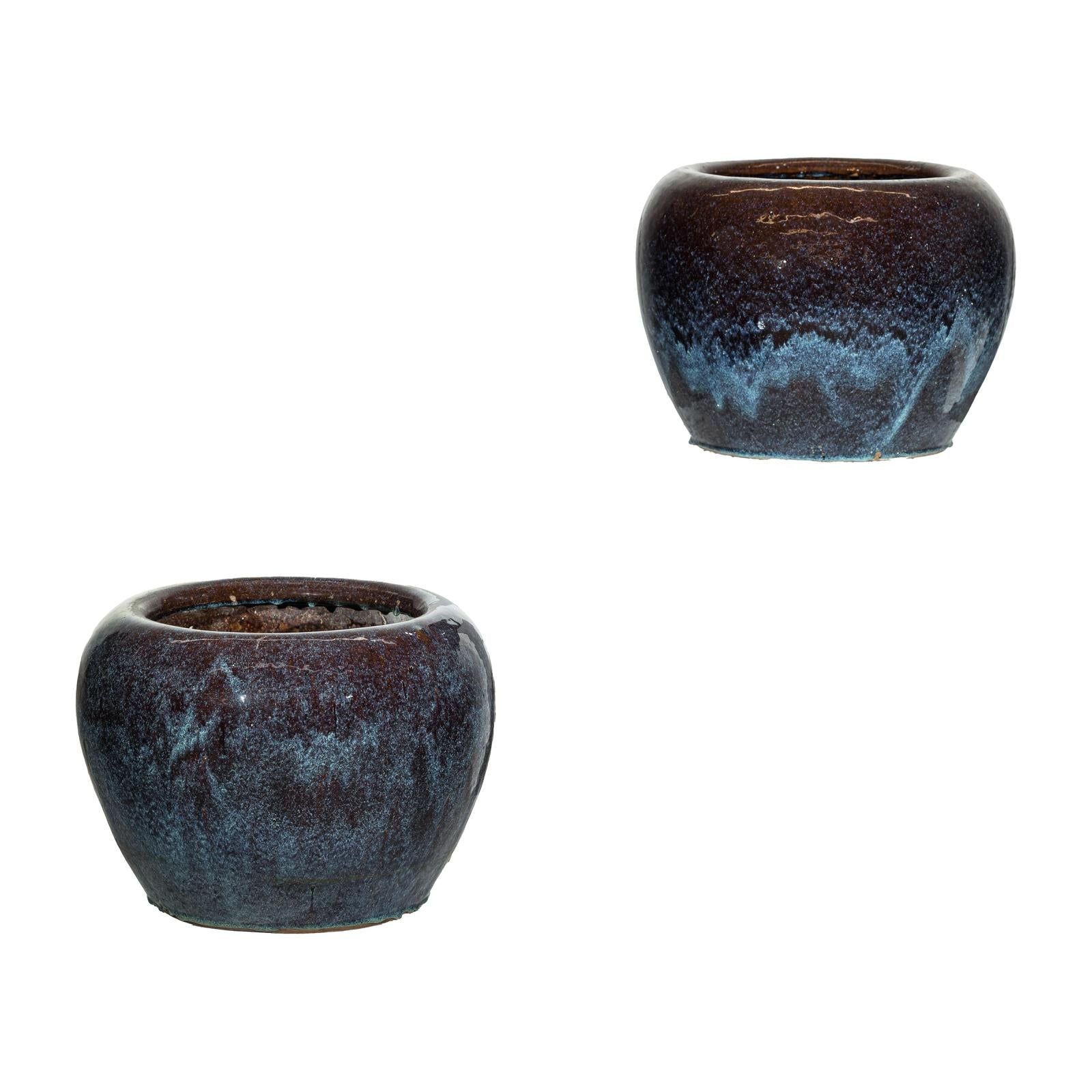Near Pair of Vintage Blue and Aqua Glazed Ceramic Planters