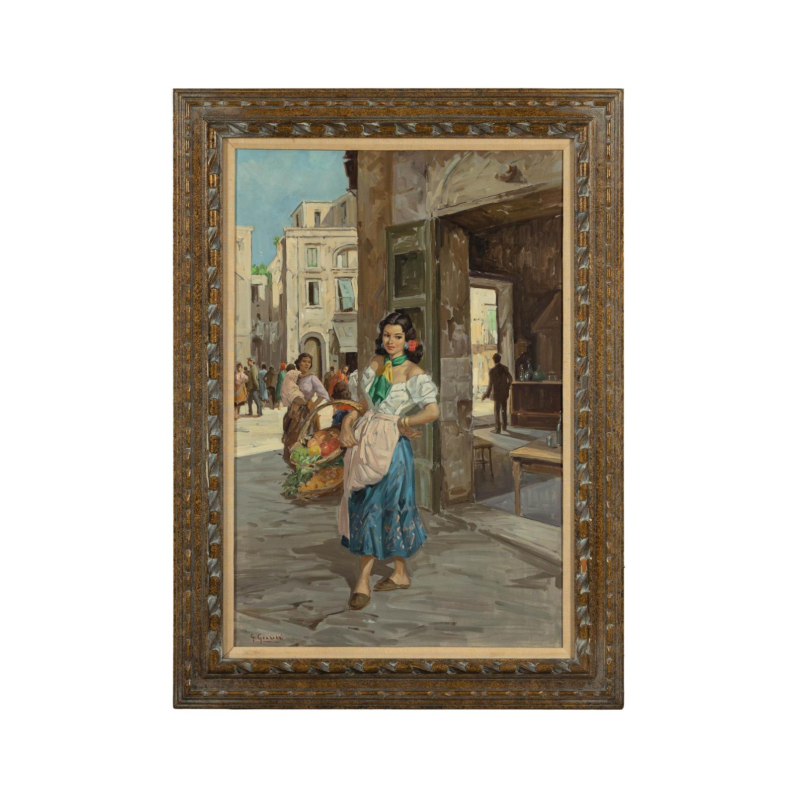 Oil Painting of an Woman in a Market Scene Signed G. Graziani-18. Asian &amp; Chinese Furniture, Art, Antiques, Vintage Home Décor for sale at FEA Home