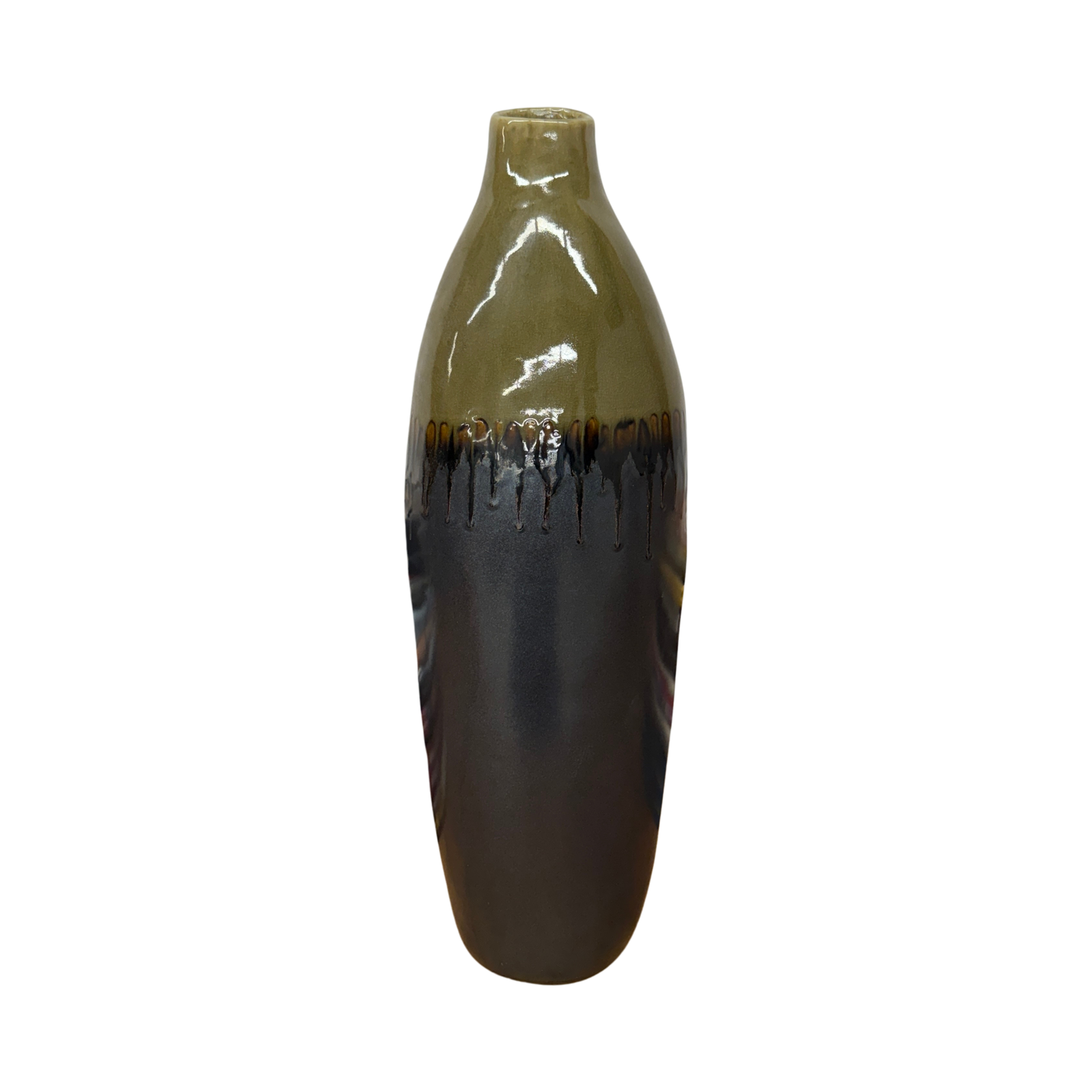 Olive and Charcoal Ceramic Vase with Amber Drip Glaze - FEA Home