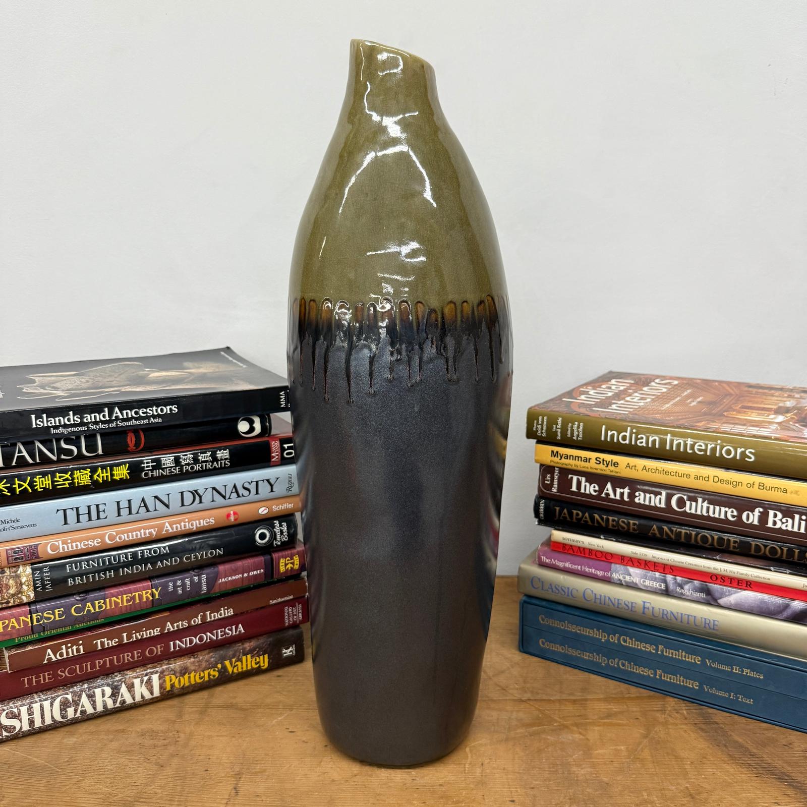 Olive and Charcoal Ceramic Vase with Amber Drip Glaze - FEA Home
