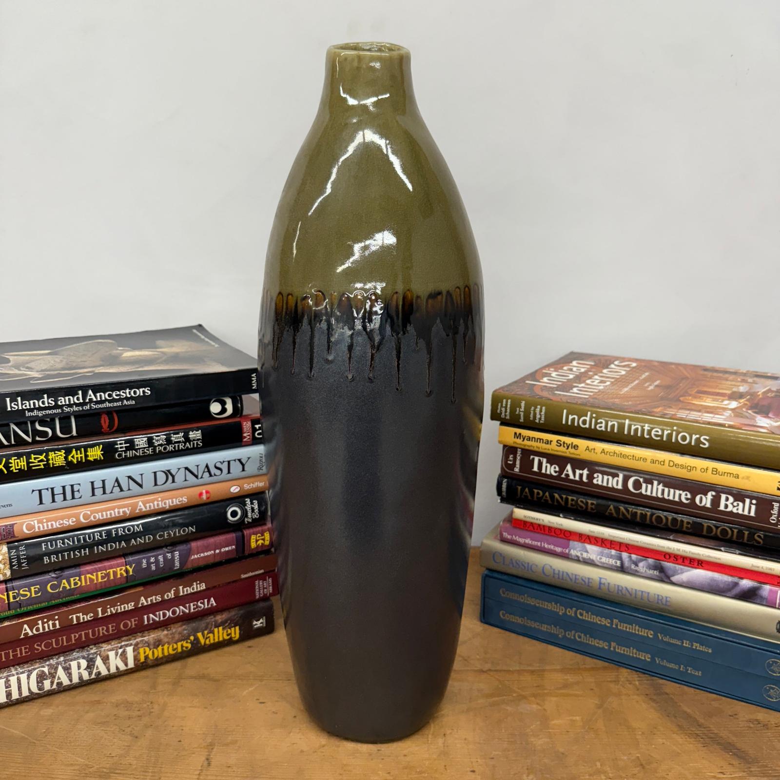 Olive and Charcoal Ceramic Vase with Amber Drip Glaze - FEA Home