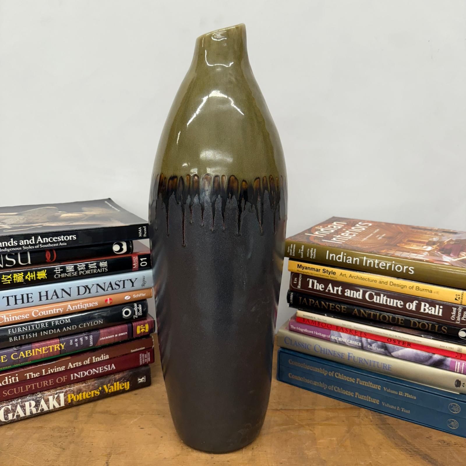 Olive and Charcoal Ceramic Vase with Amber Drip Glaze - FEA Home