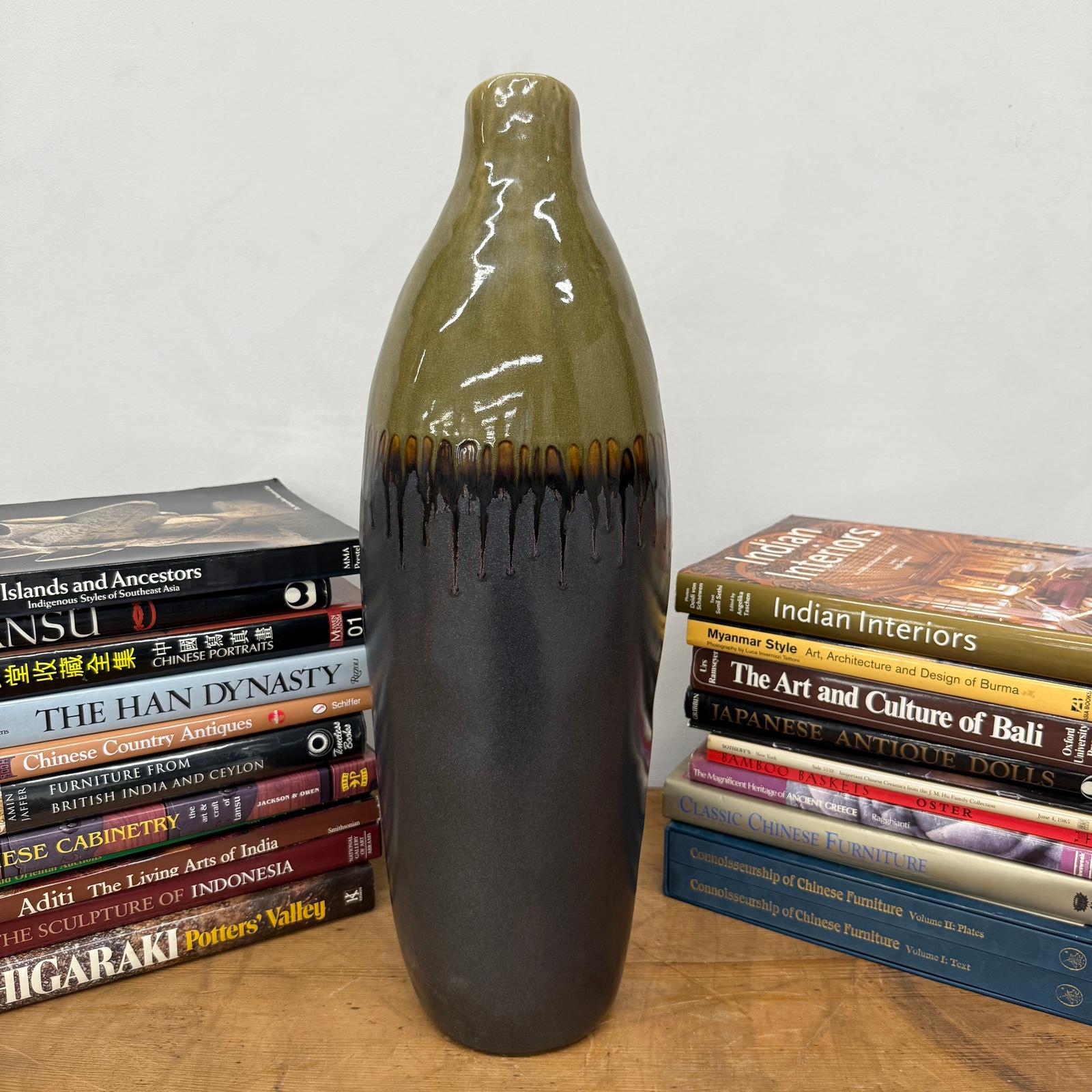 Olive and Charcoal Ceramic Vase with Amber Drip Glaze - FEA Home