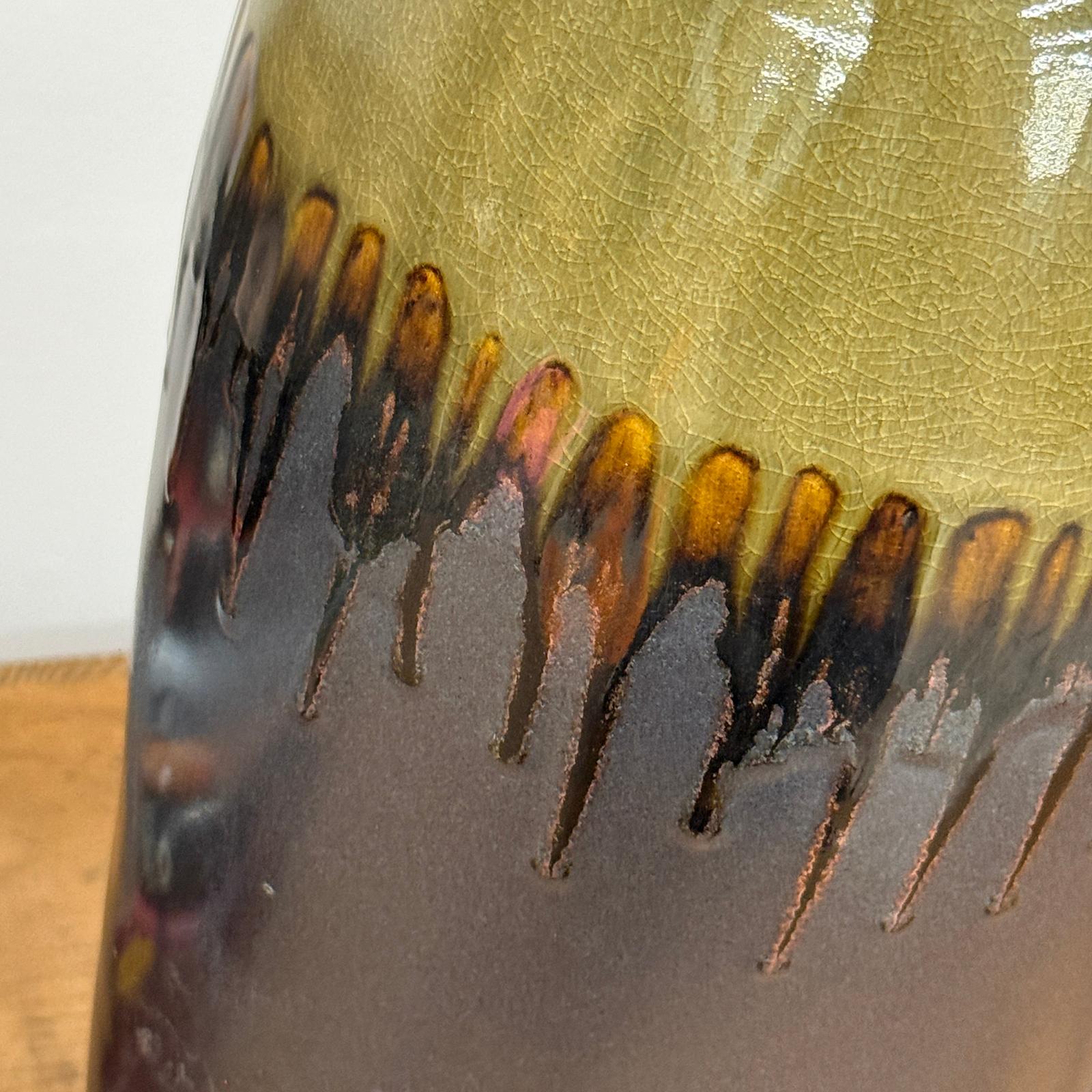Olive and Charcoal Ceramic Vase with Amber Drip Glaze - FEA Home