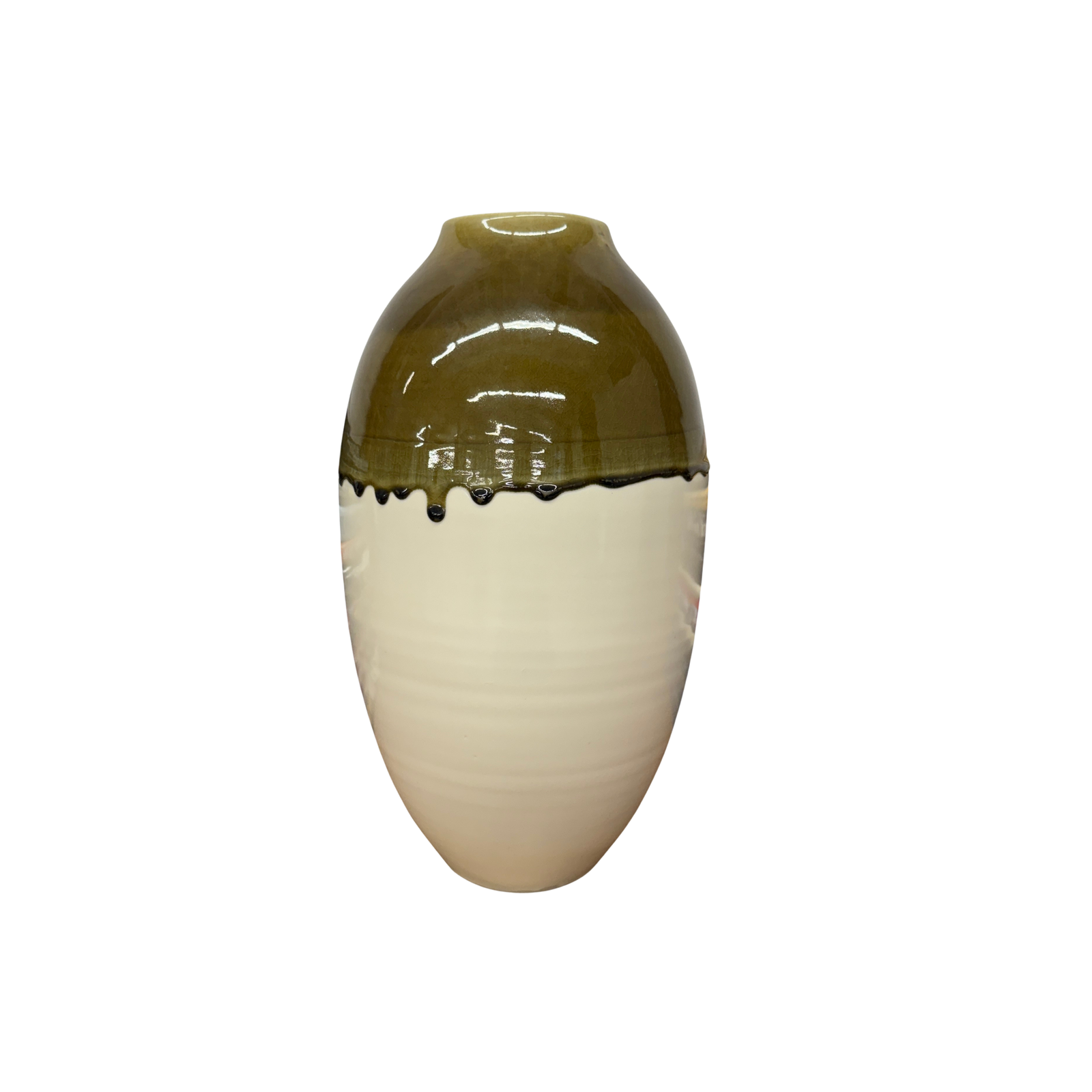 Olive Green &amp; Black Drip Ceramic Vase with Cream White Body, SKU , image 1