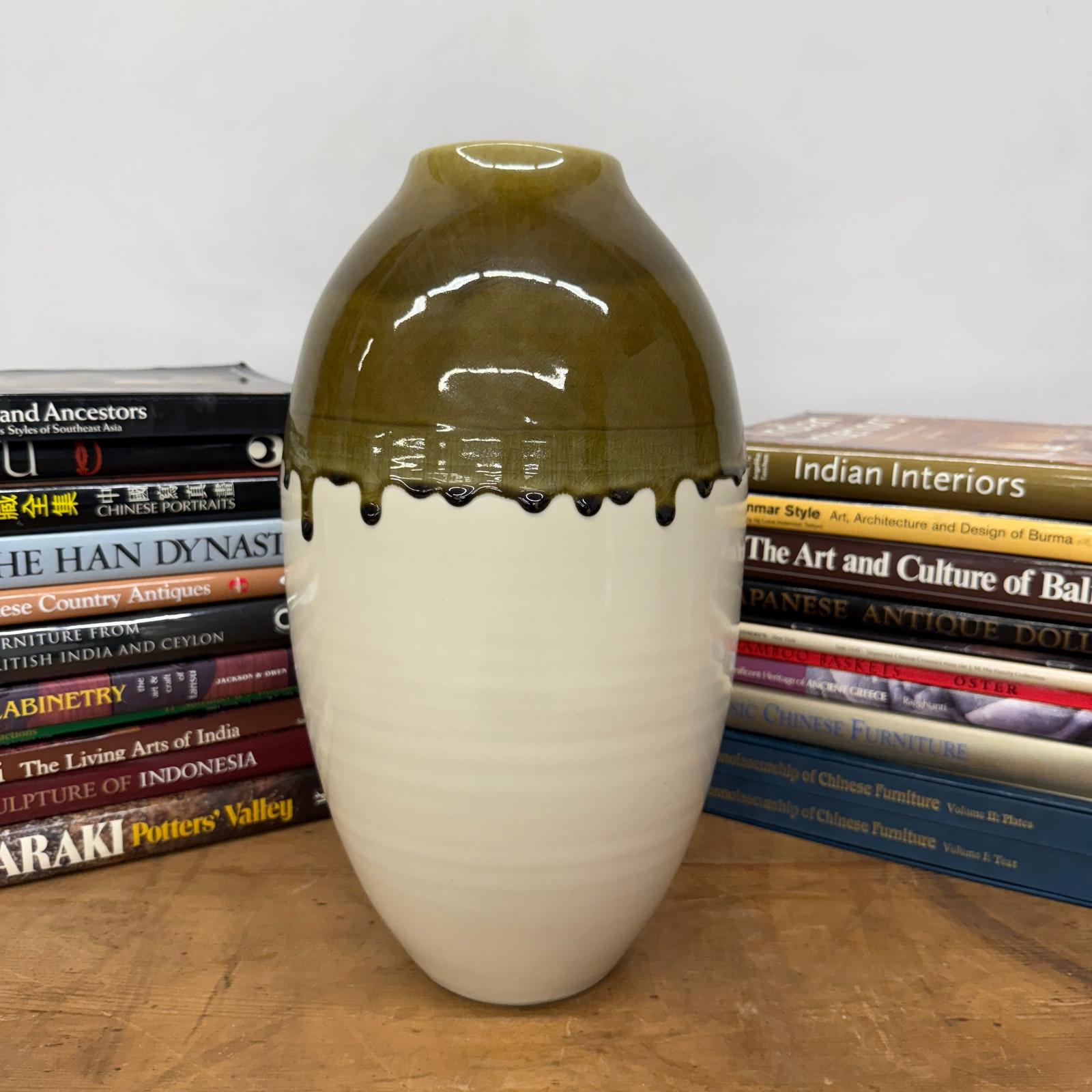 Olive Green &amp; Black Drip Ceramic Vase with Cream White Body, SKU , image 2