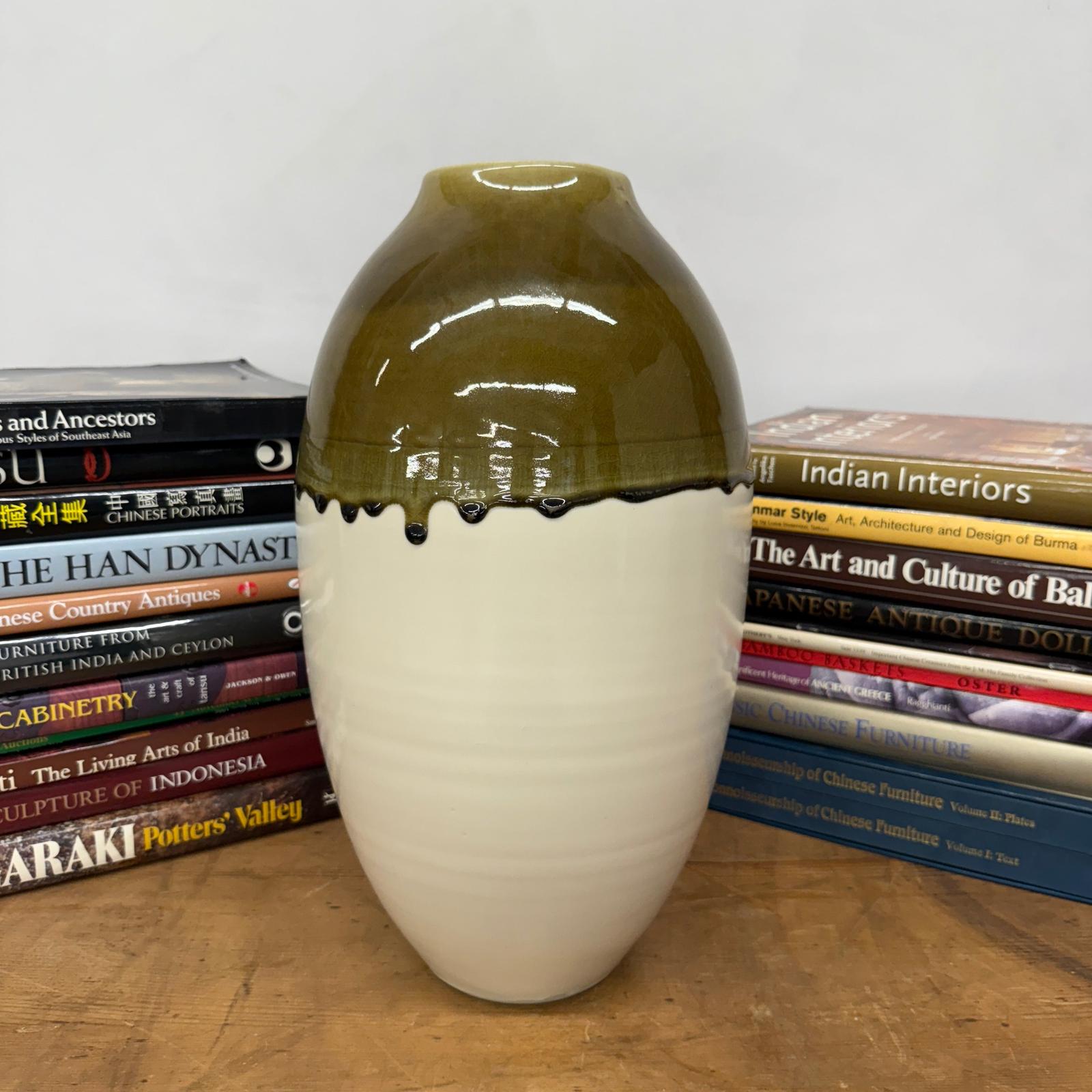 Olive Green &amp; Black Drip Ceramic Vase with Cream White Body, SKU , image 3